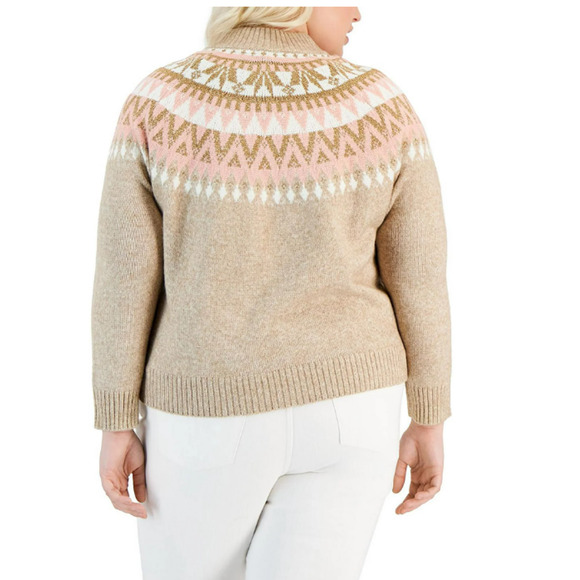 TOMMY HILFIGER Womens Pullover Sweater 1X Tan Pink Knit Metallic Fairisle NWT - Picture 2 of 11